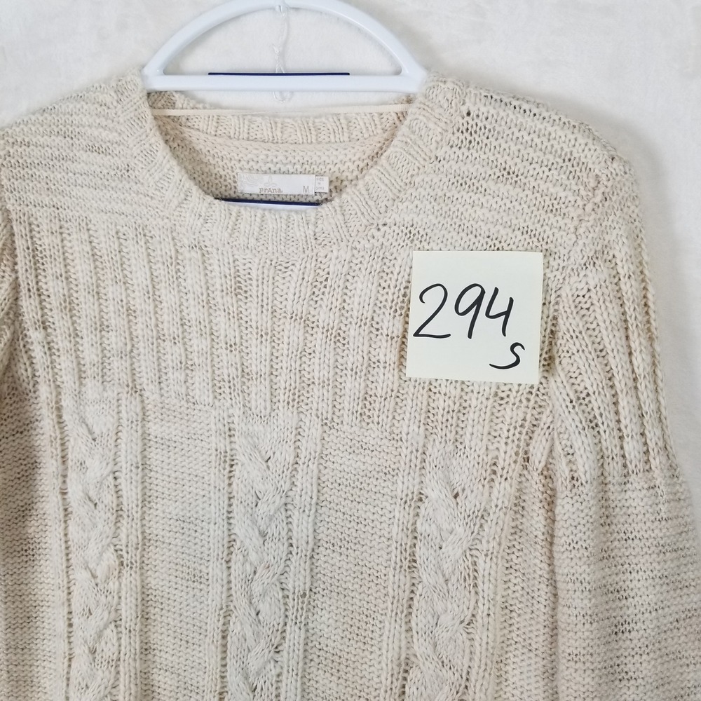 Prana Womens Cream Cable Knit Wool Blend Crew Neck Sweater Size Medium Oatmeal - Picture 7 of 7